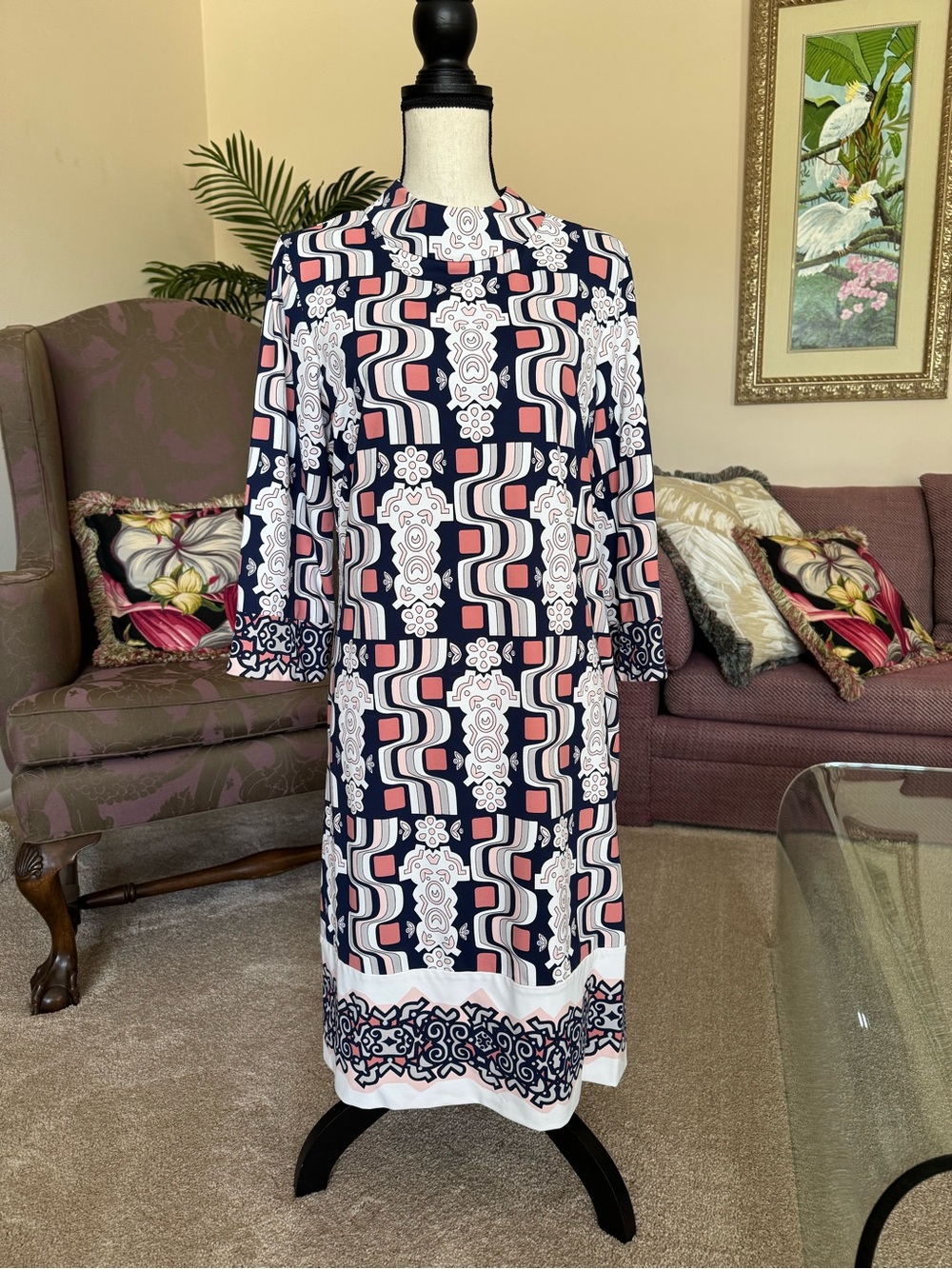 J. McLaughlin Navy, Pink & White Geometric Midi Dress